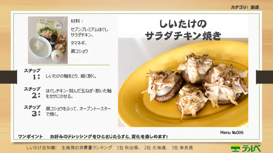 メニューナンバー006 しいたけのサラダチキン焼き
